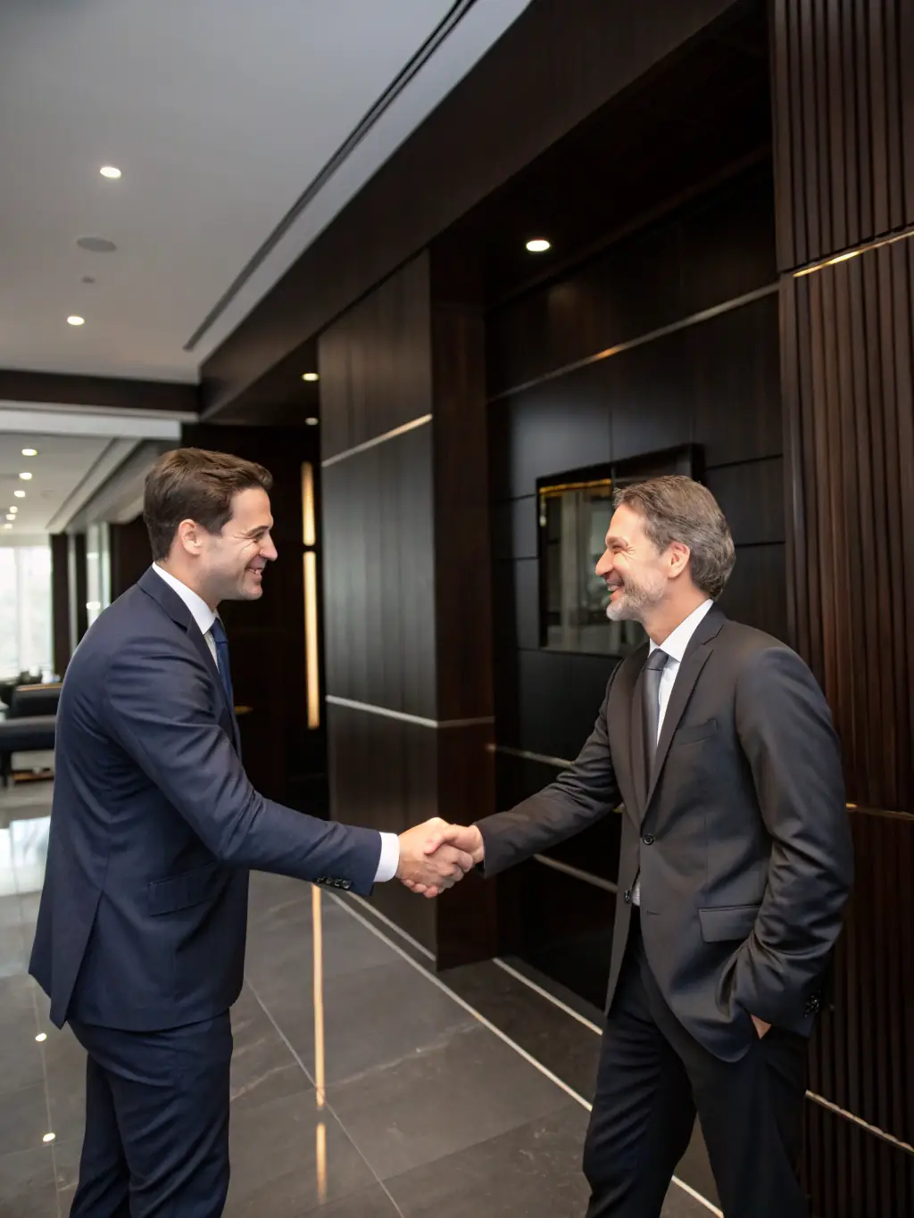 A professional businessman in a suit confidently shaking hands with a lender in a modern office setting, symbolizing a successful business loan agreement.